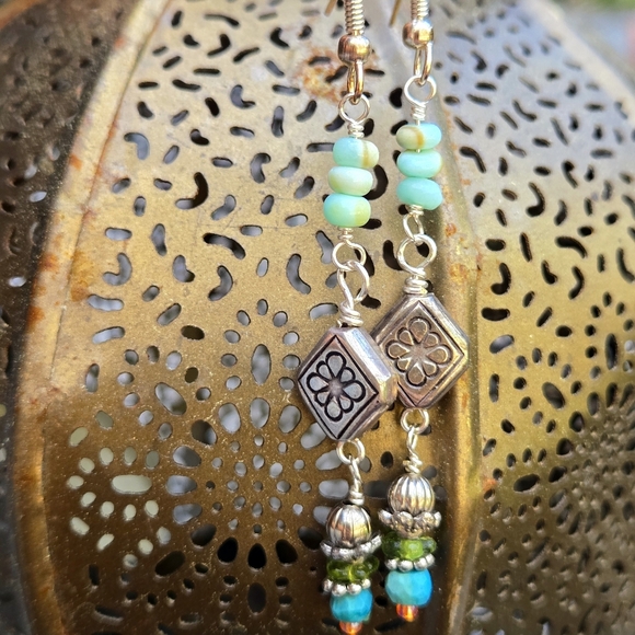 Opal, Turquoise Silver Flower Boho Dangle Earrings Linear Fun Summer - Picture 5 of 6